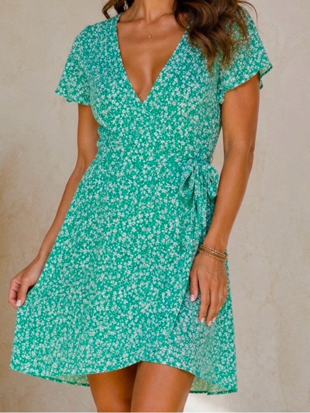 AUW Kelly Green & White Floral Faux Wrap mini Dress | Large